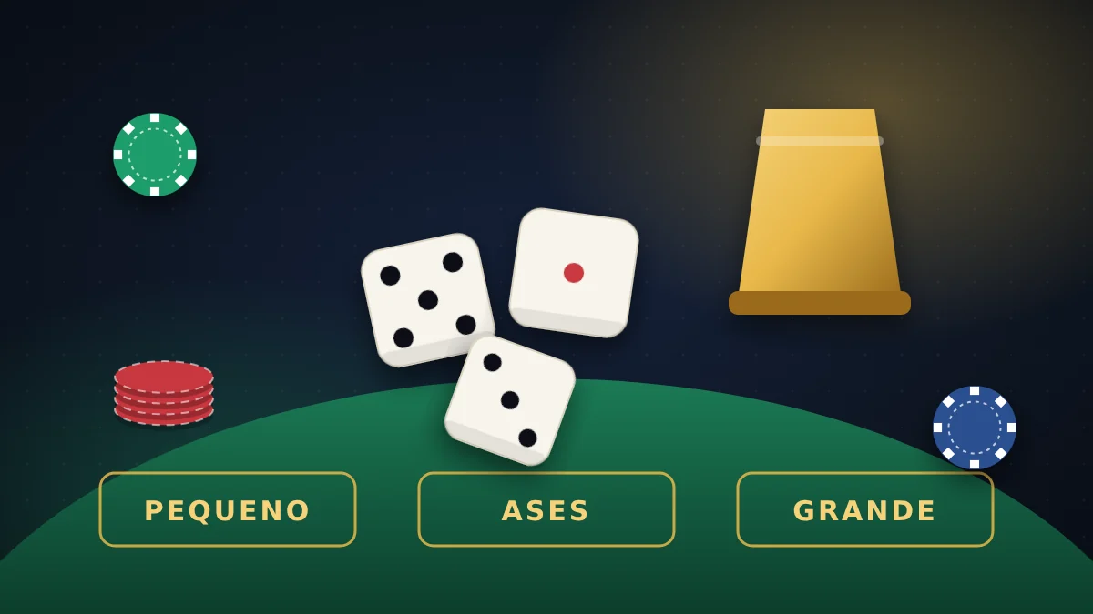 Três dados e copo numa mesa de Banca Francesa