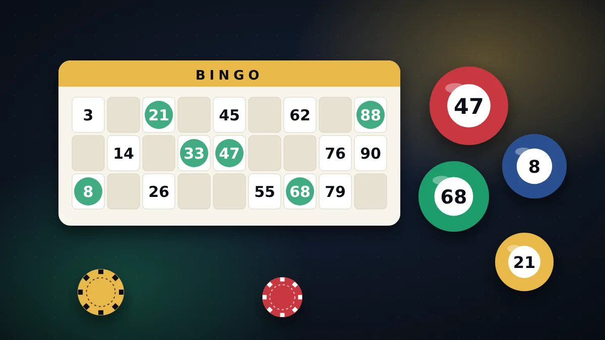 Cartão de bingo e bolas numeradas