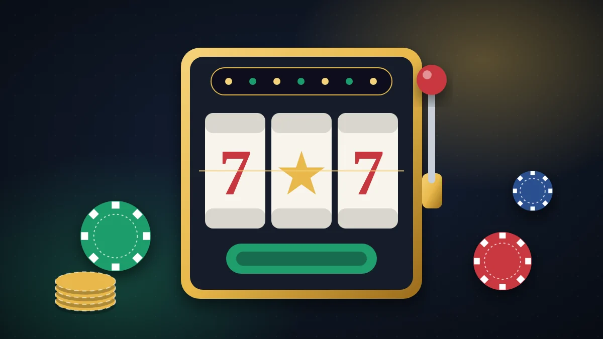 Slot machine com rolos e fichas de casino